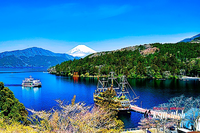 成川美術館庭園からの芦ノ湖、富士山の眺め