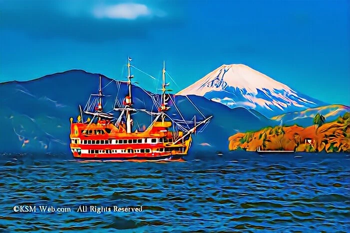 箱根芦ノ湖と海賊船バックに富士山の画像