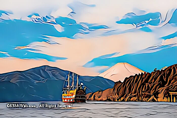 芦ノ湖 海賊船に富士山