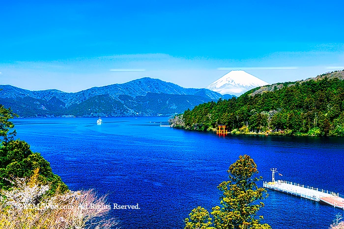 成川美術館庭園からの元箱根港と富士山